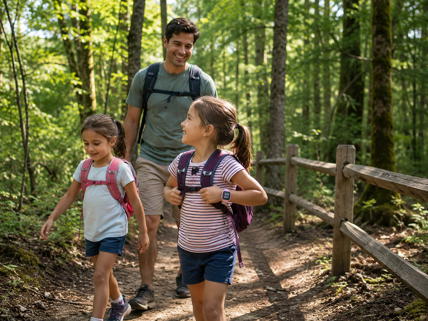 A father and his two daughters are hiking and climbing outdoors