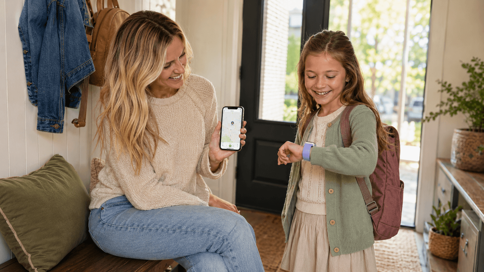 Mother showing a location tracking app while her daughter checks a purple kids smartwatch before leaving home