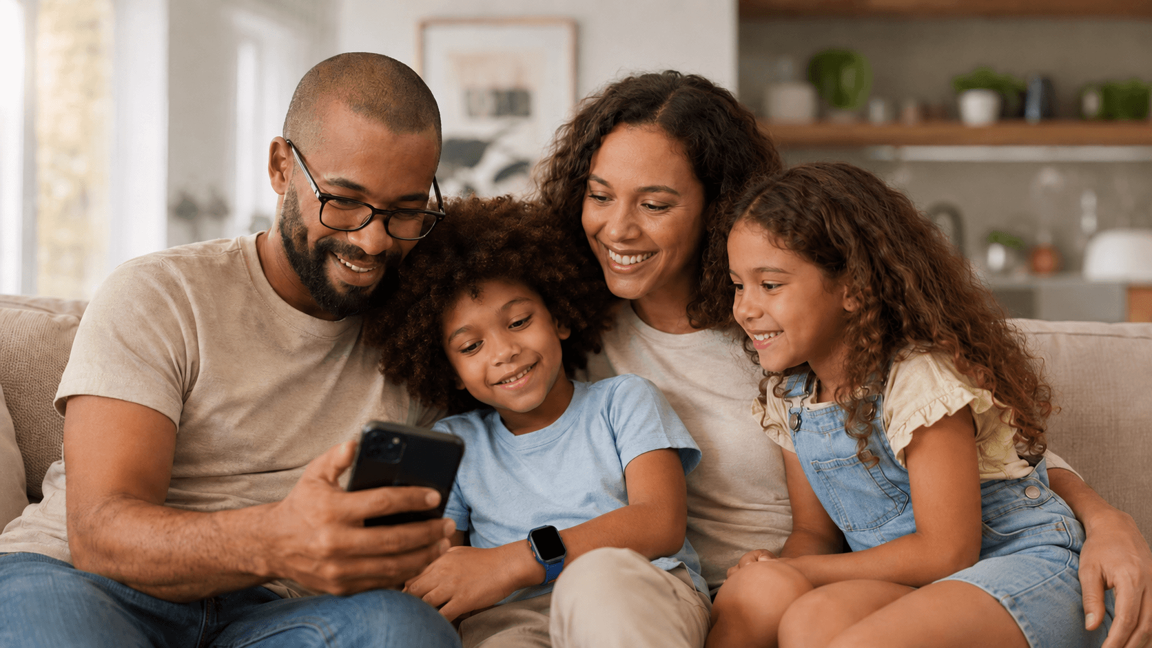 Family sitting together while a child wears a Lagenio K9 kids smartwatch
