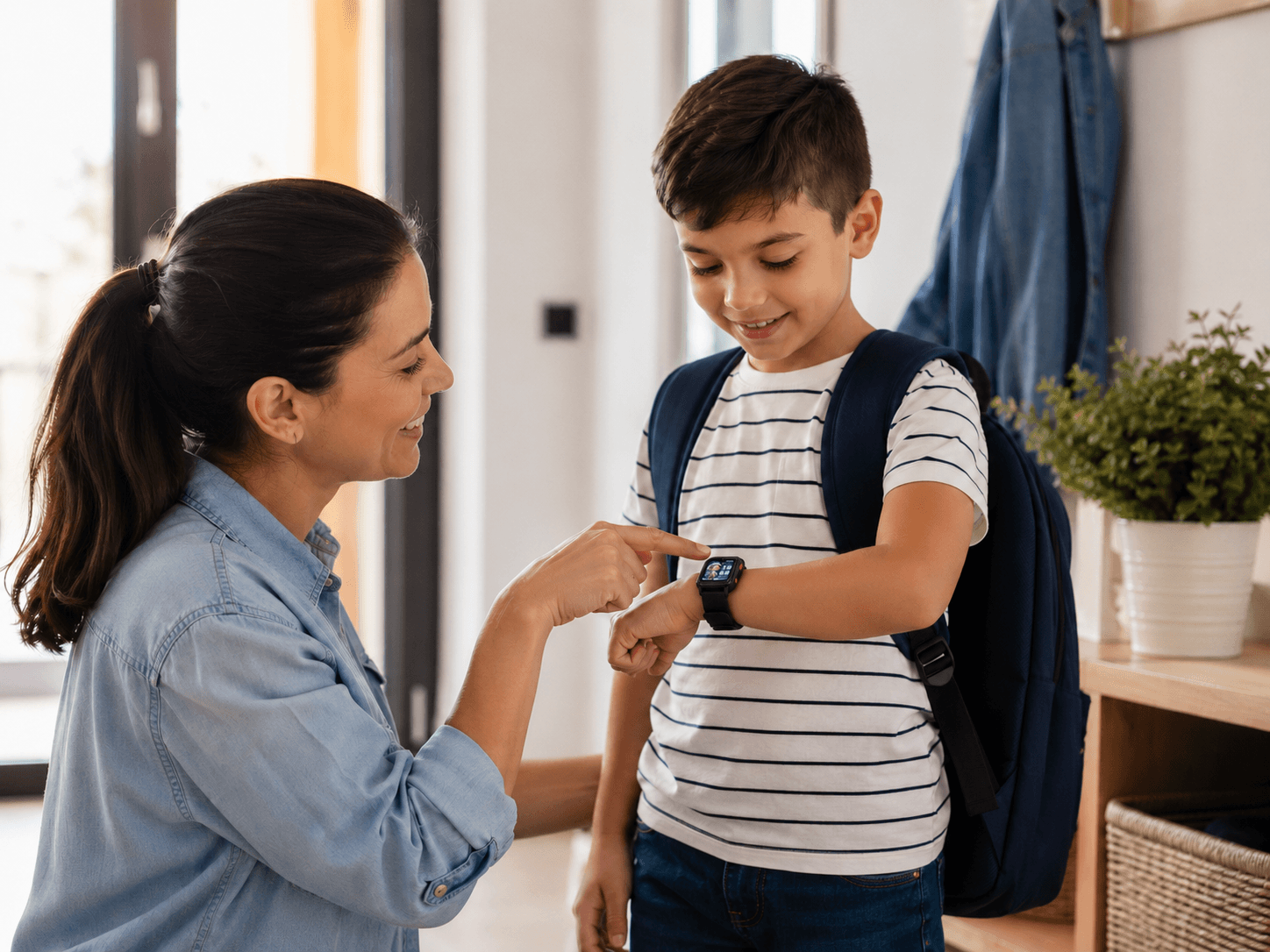 Parent helps child set up a kids smartwatch before school for safe, easy contact.