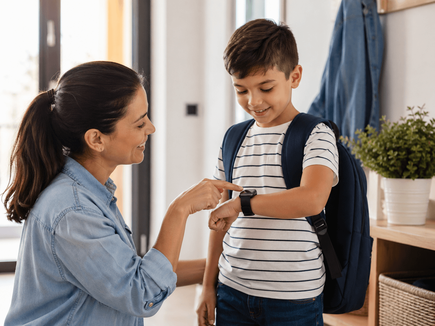 Parent helps child set up a kids smartwatch before school for safe, easy contact.